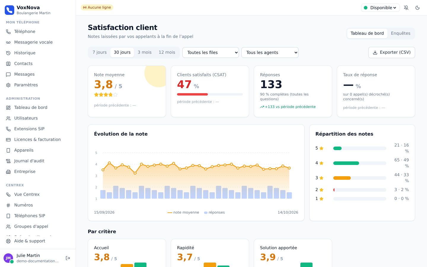 Configuration des critères et du déclenchement de l'enquête de satisfaction vocale dans le panneau d'administration.